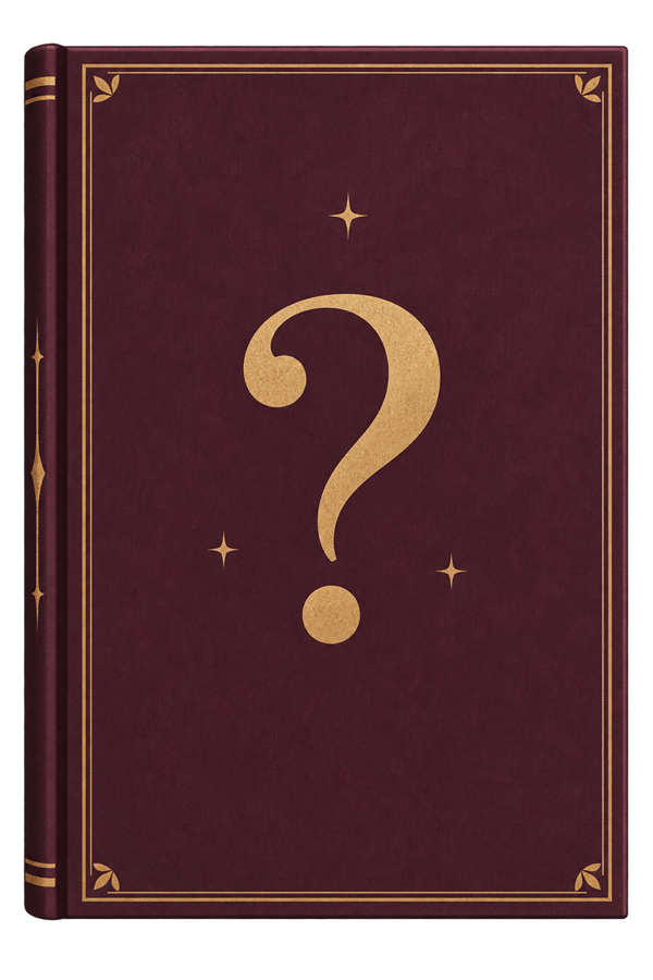 Ilustración editorial de un libro misterioso con un signo de interrogación dorado